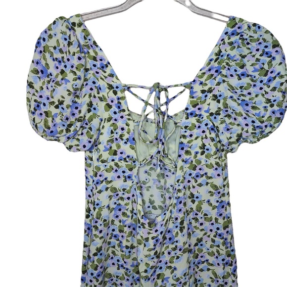 Zara Floral Print Lace Up Back Ruffle Hem Short Puff Sleeve Mini Dress - Picture 6 of 10
